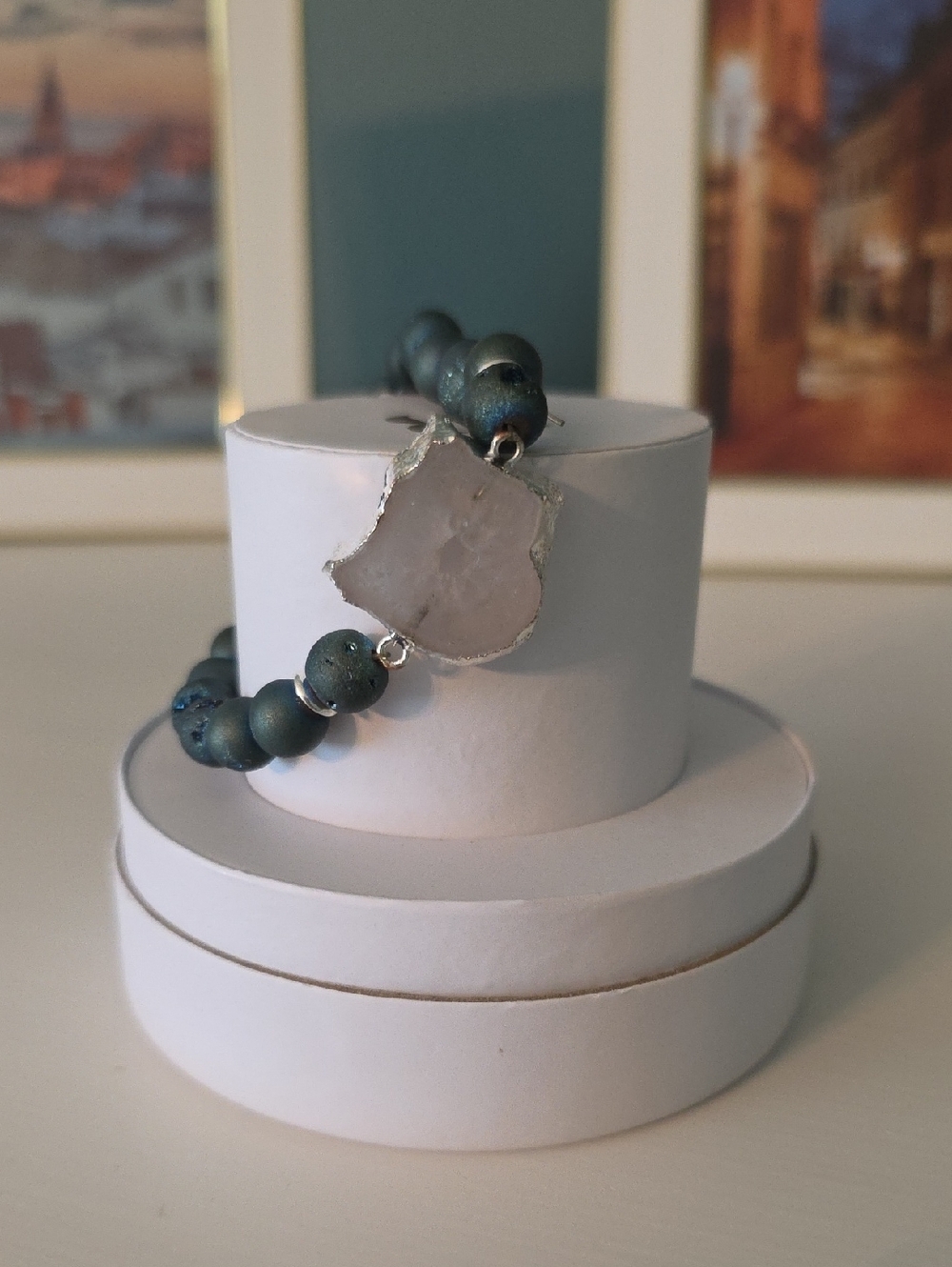Handcrafted Blue Bead Bracelet with White Agate Slice